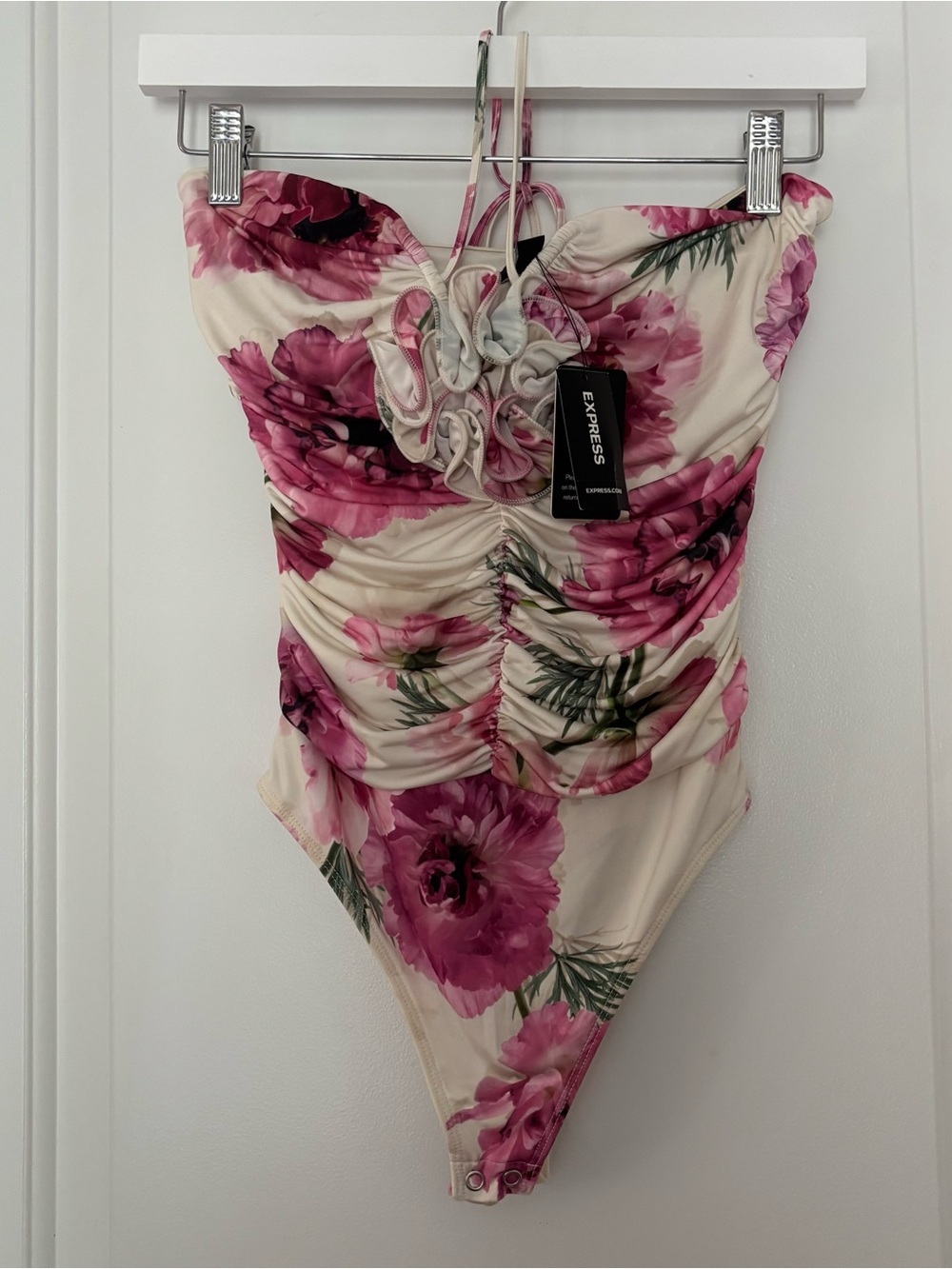 Express floral bodysuit XS ruched bodice with rosette Cottagecore feminine - Picture 3 of 8